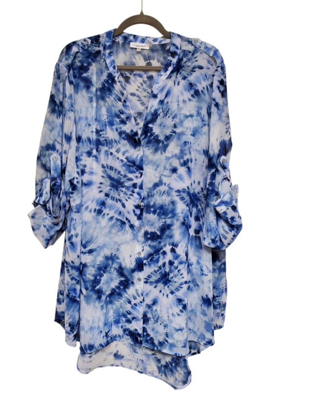 Calvin Klein Womans Blue White Tie Dye Semi Sheer Chiffon Roll Tab Tunic Plus 2X